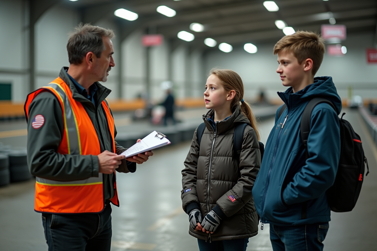 Officiel en gilet réfléchissant parlant à deux jeunes pilotes