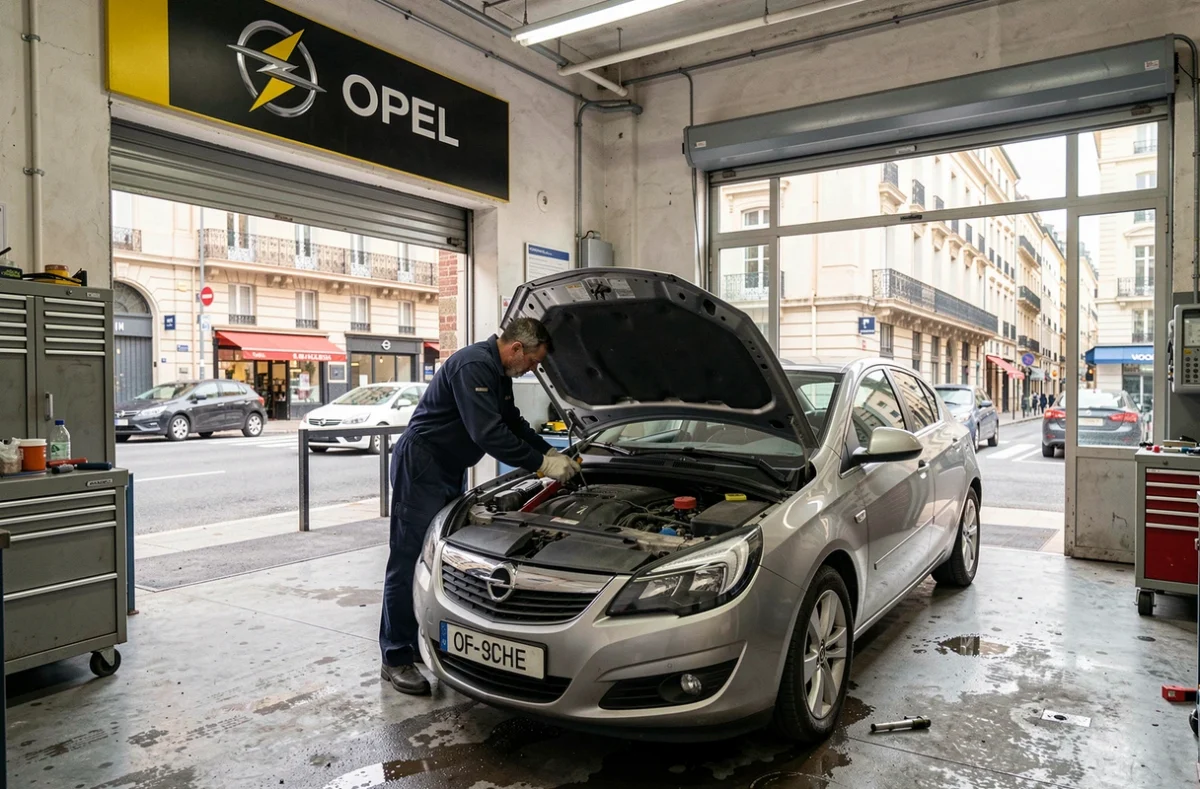Garage Opel Auto Service Réparation dans le 11e arrondissement de Marseille avec un mécanicien inspectant une Opel Astra