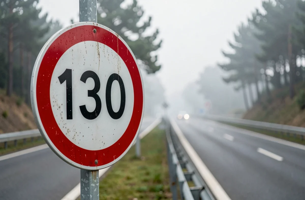 Panneau de limitation de vitesse à 130 km/h en bord d'autoroute française avec route floue en arrière-plan