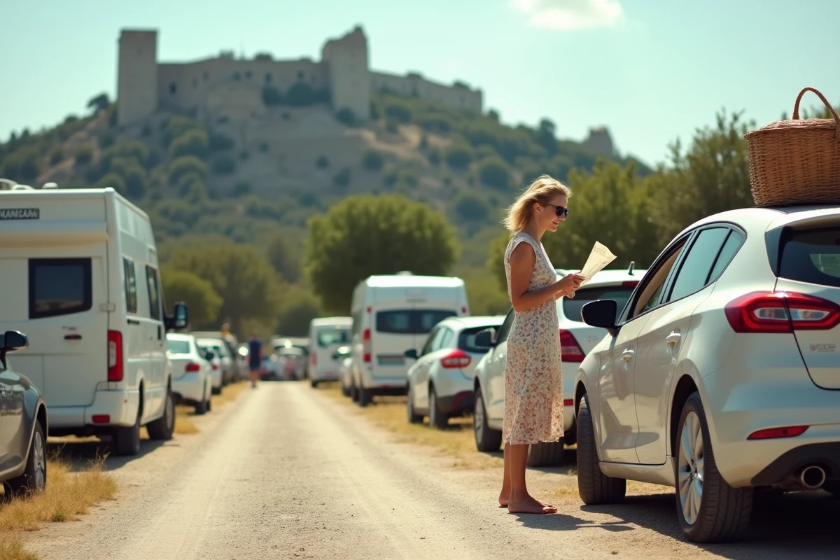 Parking des Baux-de-Provence avec voitures garées et touriste consultant une carte, falaises et château en arrière-plan