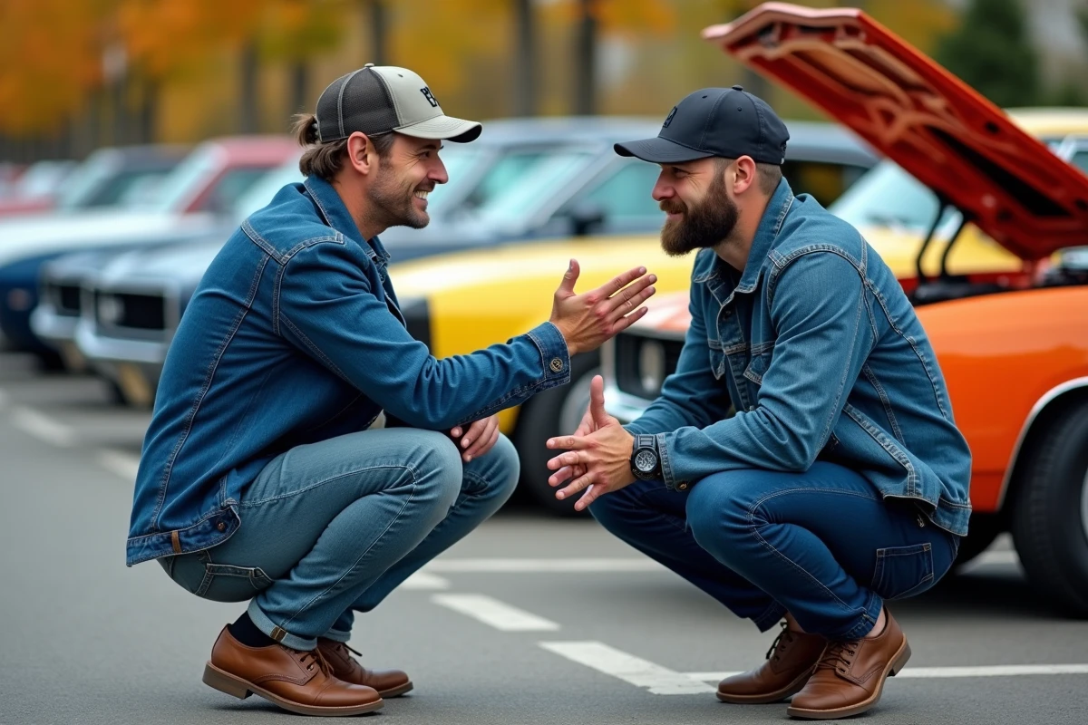 Deux passionnés d'automobiles discutant du moteur d'une voiture ancienne lors d'un rassemblement automobile du week-end