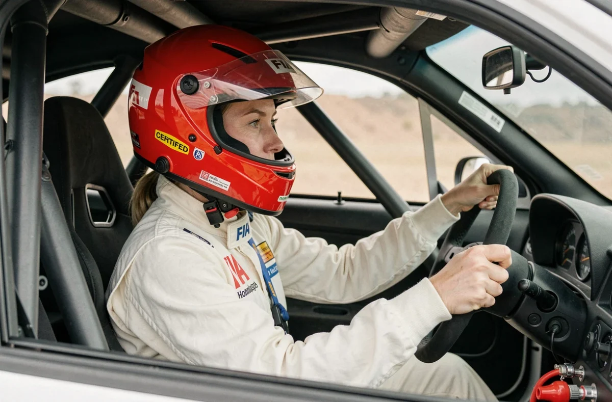 Pilote de rallye féminine en combinaison ignifugée assise dans l'habitacle équipé d'un arceau de sécurité homologué