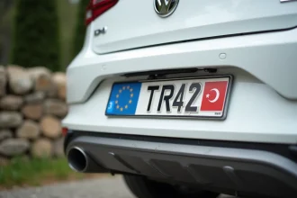 Plaque d'immatriculation turque TR montée sur une voiture blanche garée en France, avec code pays rouge et bande bleue EU