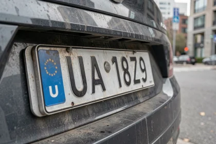 Plaque d'immatriculation UA fixée sur le pare-chocs arrière d'une voiture garée en ville