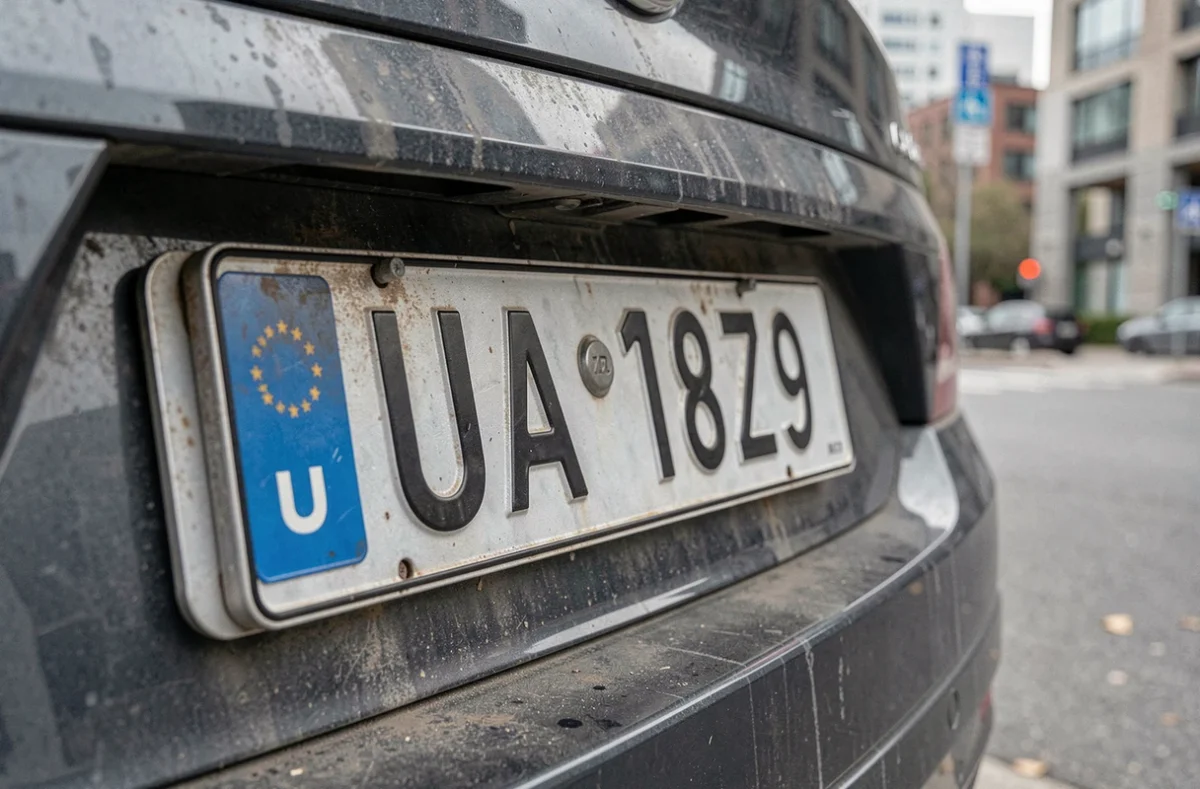 Plaque d'immatriculation UA fixée sur le pare-chocs arrière d'une voiture garée en ville