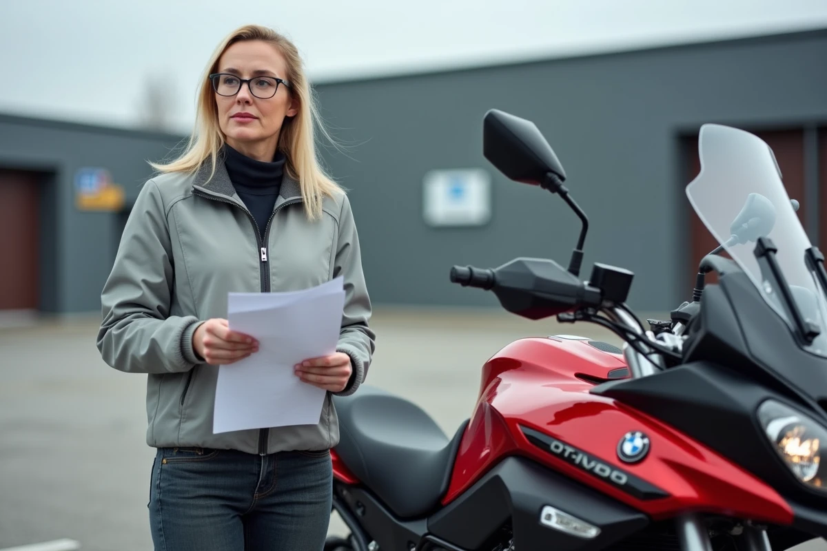 Propriétaire de moto tenant des documents de contrôle technique devant un centre de contrôle officiel