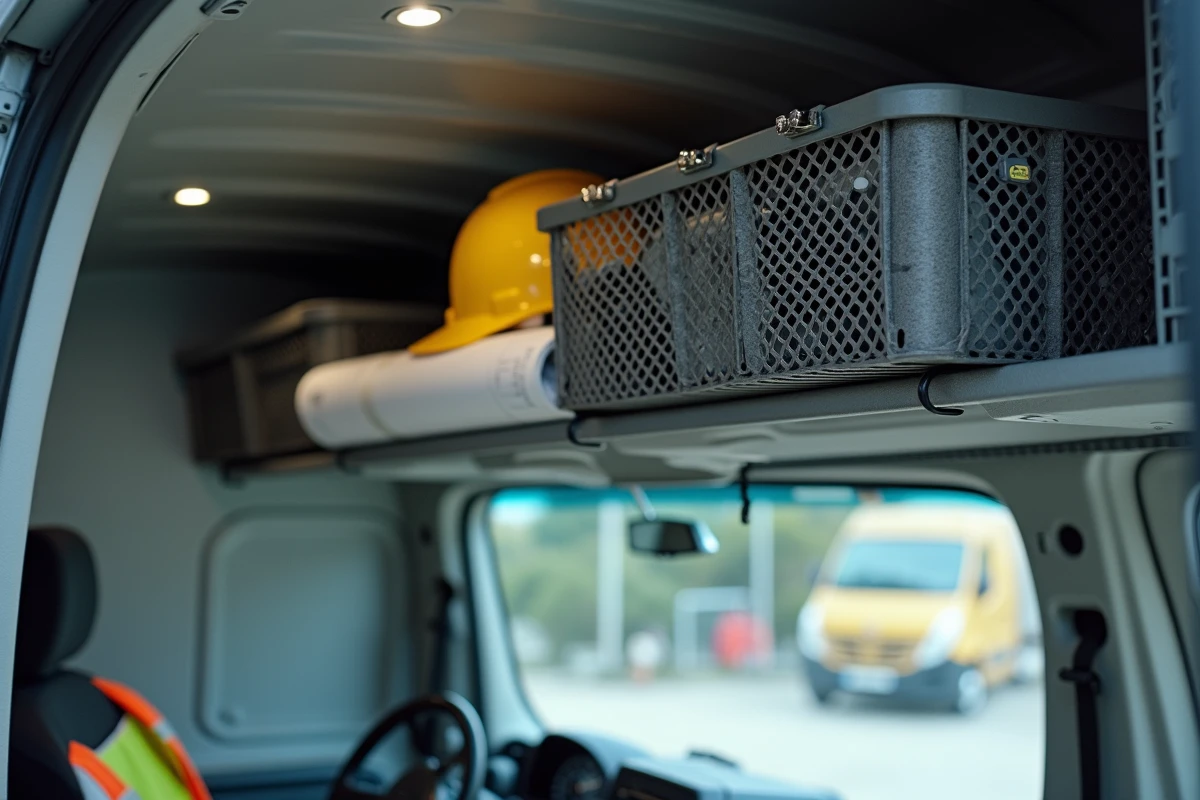 Rangements en hauteur avec paniers grillagés dans le plafond d'un Renault Master utilitaire aménagé