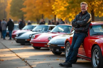 Rassemblement de voitures de collection et sportives dans un parking en plein air lors d'un week-end entre passionnés automobiles