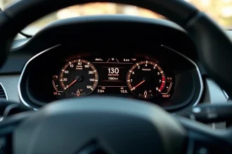 Tableau de bord d'une voiture moderne affichant 130 km/h au compteur et 2000 tr/min au tachymètre, illustrant le régime moteur optimal sur autoroute