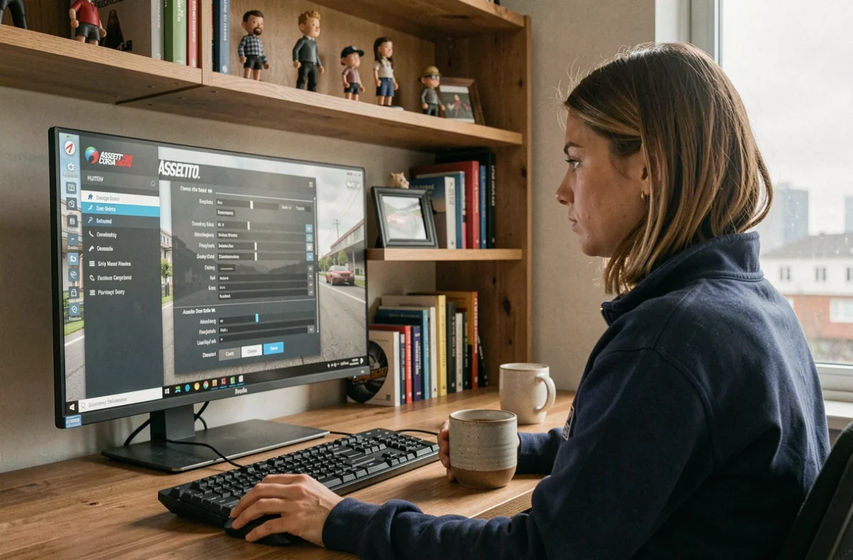Joueuse configurant les paramètres graphiques d'Assetto Corsa sur un écran ultrawide dans un bureau cosy