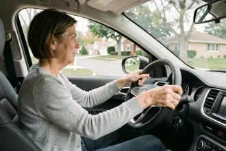 Femme adulte en remise à niveau de conduite au volant d'une voiture moderne lors d'une leçon avec un moniteur