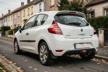Renault Clio équipée du moteur 1.5 dCi garée dans une rue pavillonnaire française, vue de trois quarts arrière mettant en valeur le badge diesel