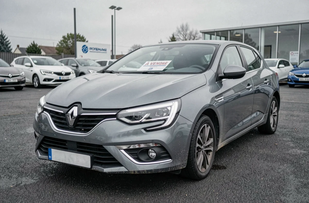 Renault Megane diesel d'occasion en vente dans un concessionnaire automobile français avec étiquette de prix sur le pare-brise