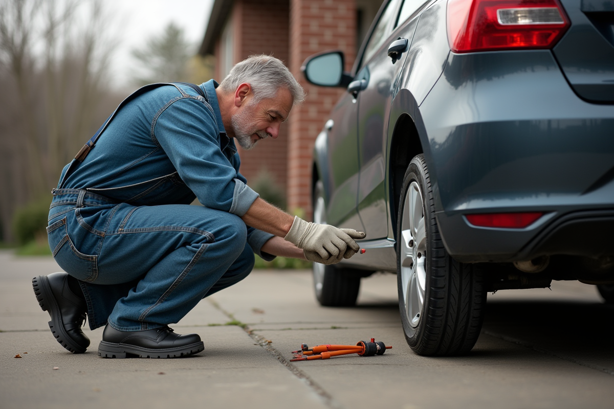 Homme en salopette réparant un trou d échappement auto