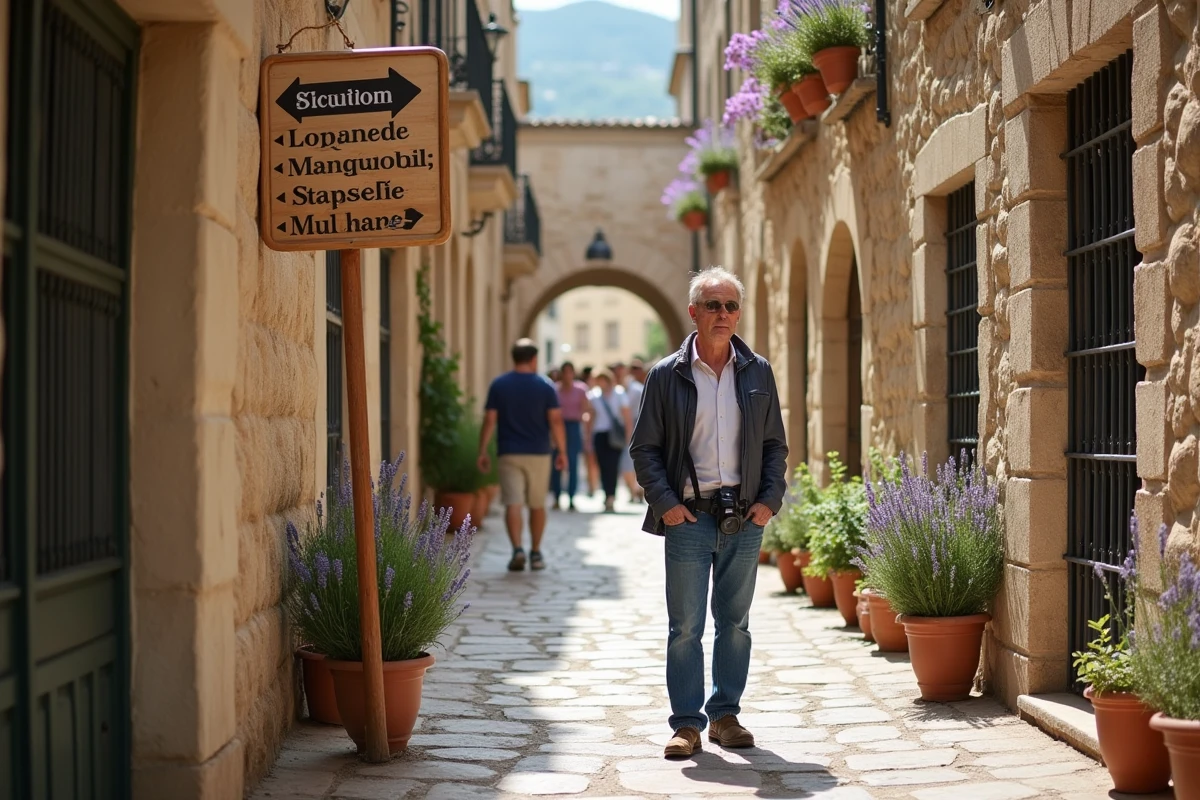 Touriste lisant un panneau de signalisation dans une ruelle pavée des Baux-de-Provence, boutiques et murs en pierre ancienne