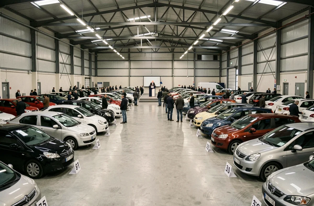 Salle des ventes aux enchères automobiles de Marseille-Provence à Aubagne avec des rangées de voitures d'occasion et des acheteurs en cours d'inspection