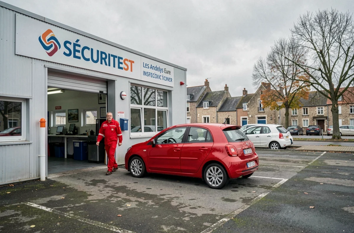 Façade du centre Sécuritest des Andelys dans l'Eure avec un technicien en uniforme rouge devant le bâtiment