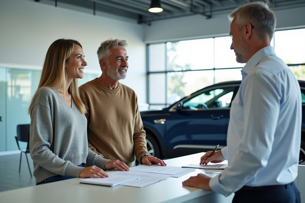 Couple en train de signer un contrat d'achat pour une voiture d'occasion avec un vendeur dans une concession automobile