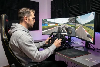 Joueur sur simulateur de course Assetto Corsa avec triple écran et volant sur cockpit PC gaming