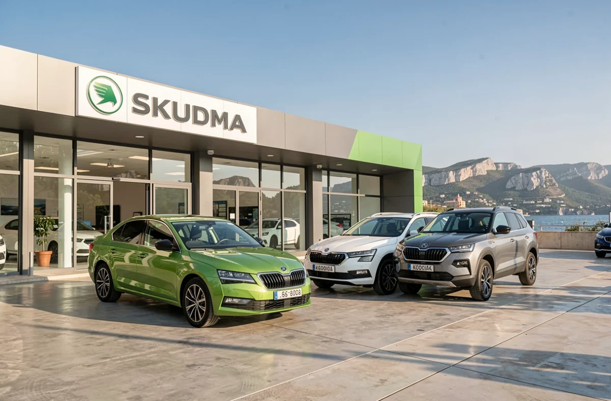 Concession Skoda Manelli Automobiles dans le 9e arrondissement de Marseille avec des modèles Skoda exposés sur le parvis