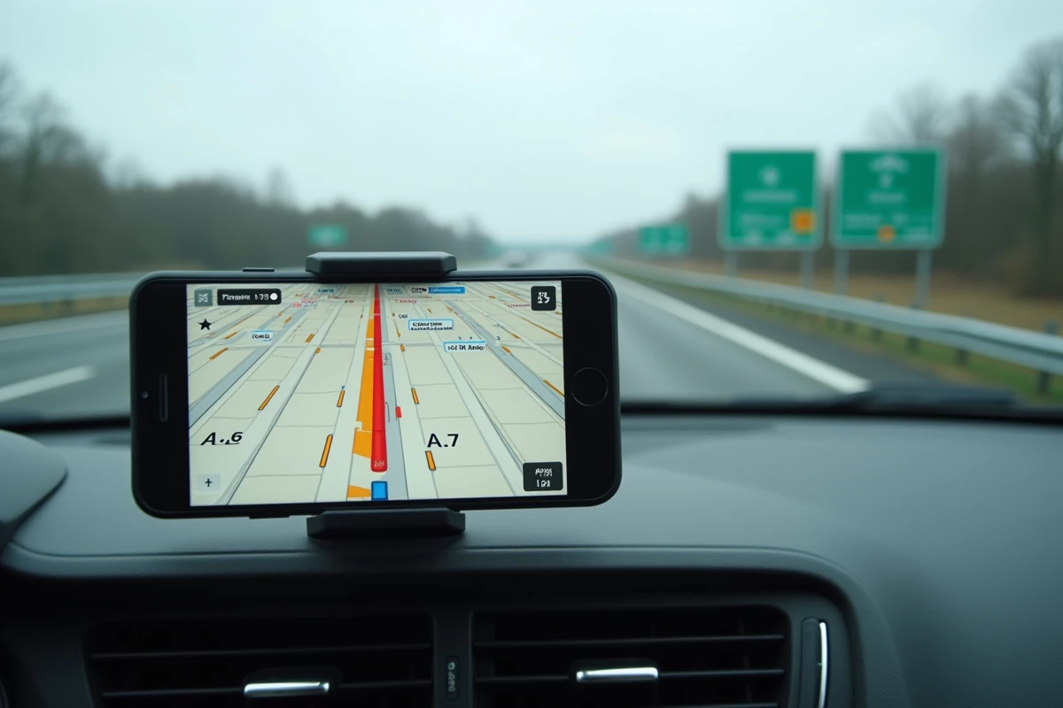 Smartphone affichant une carte GPS des autoroutes françaises avec embouteillages signalés en rouge sur le tableau de bord