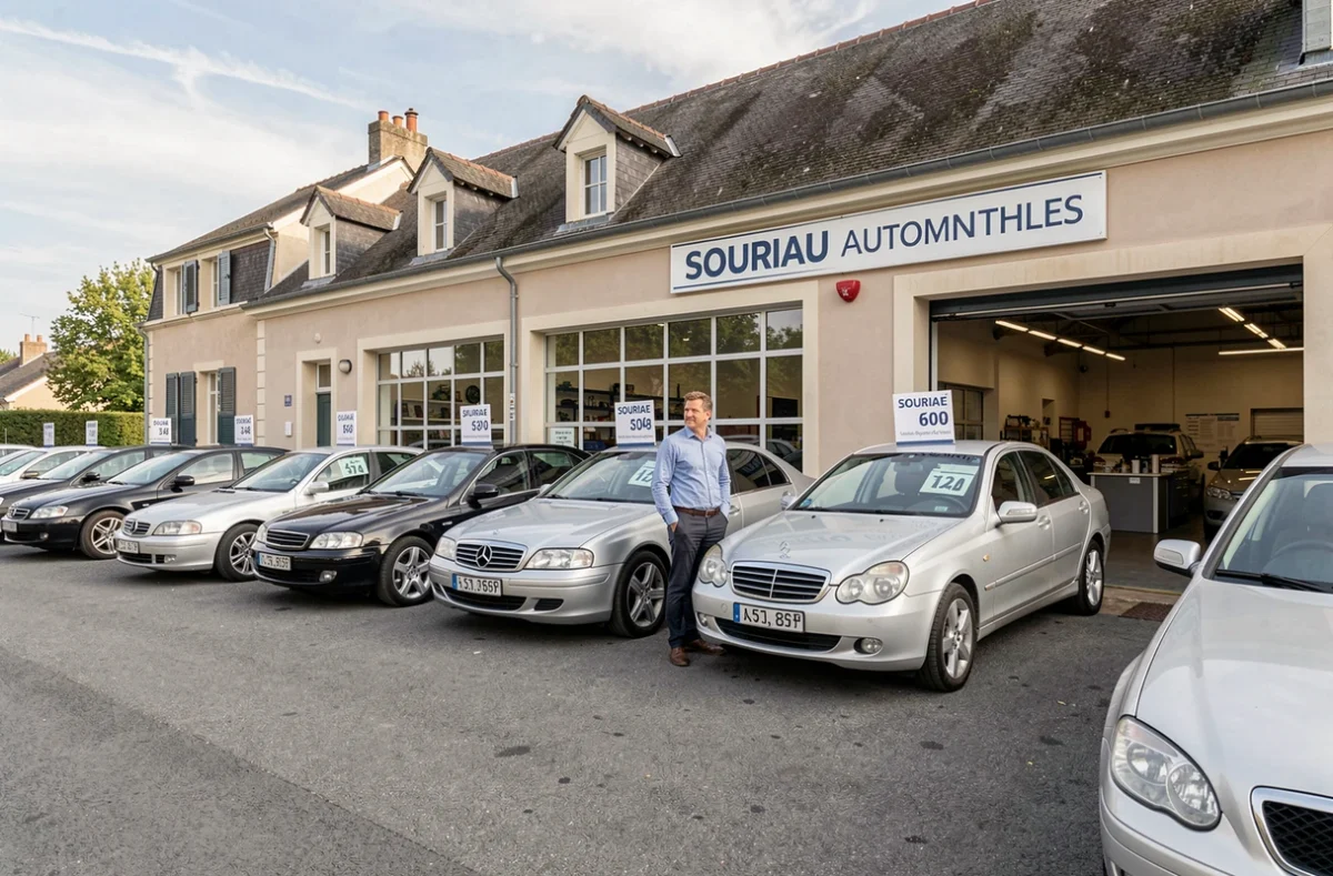 Façade de Souriau Automobiles à Vendôme avec des véhicules d'occasion exposés sur le parvis et un vendeur accueillant un client