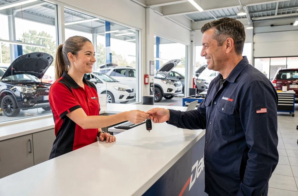Conseillère de Speedy Montauban remettant les clés à un client satisfait à l'accueil d'un centre auto moderne