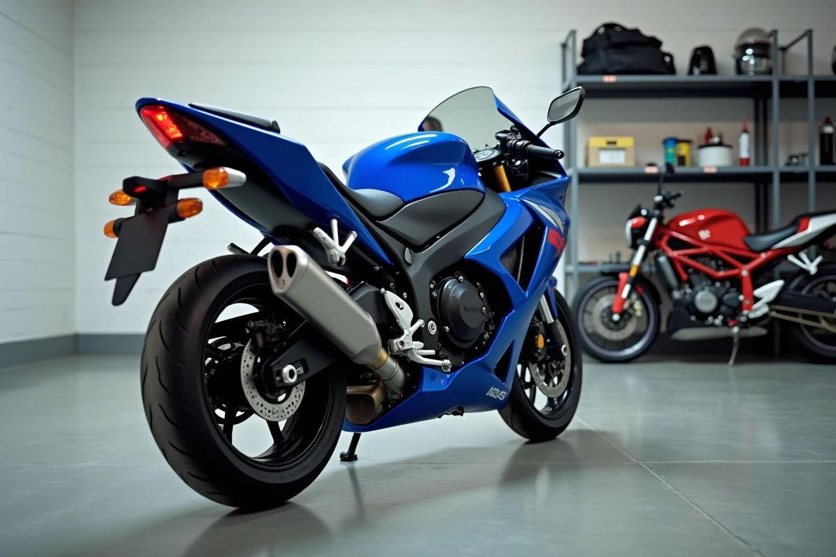 Suzuki GSX 600 R stationnée dans un garage moto minimaliste, vue 3/4 arrière avec détails de carrosserie