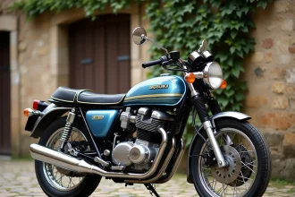 Suzuki GT750 vintage en bleu métallique garée sur des pavés anciens devant un mur en pierre, vue trois-quarts avant mettant en valeur les trois échappements chromés