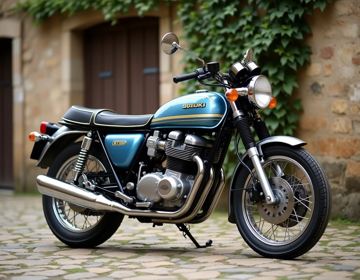 Suzuki GT750 vintage en bleu métallique garée sur des pavés anciens devant un mur en pierre, vue trois-quarts avant mettant en valeur les trois échappements chromés