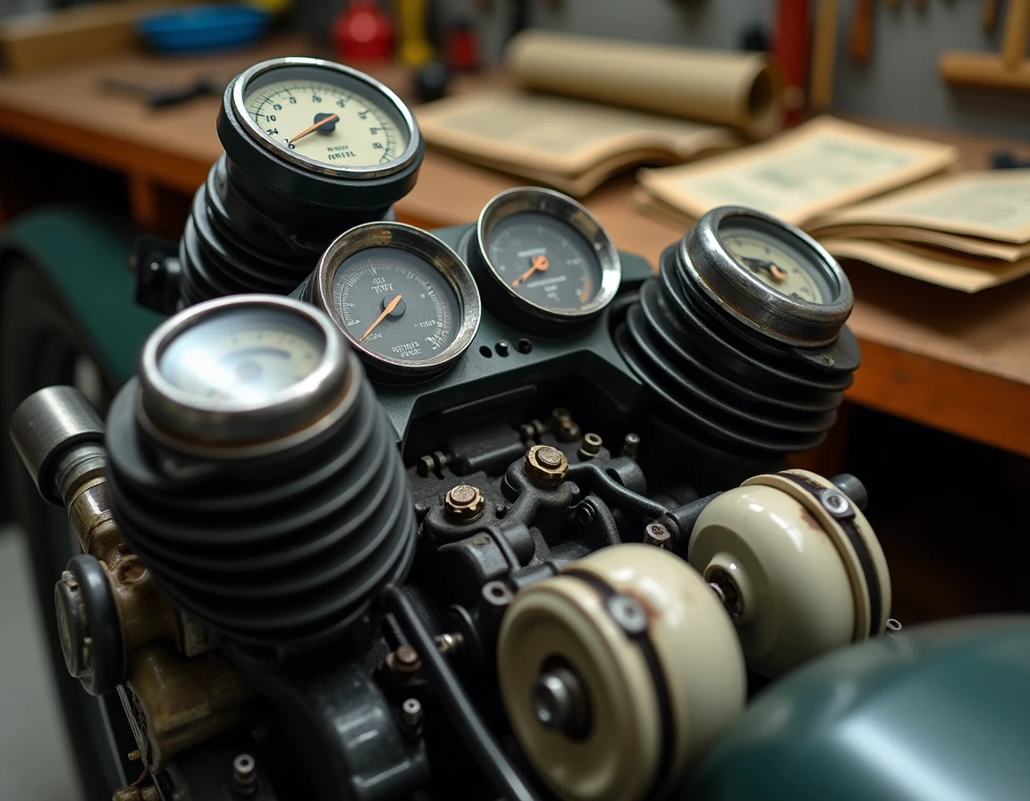 Détail du moteur trois cylindres deux-temps refroidi par eau de la Suzuki GT750 avec tableau de bord d'époque dans un atelier vintage