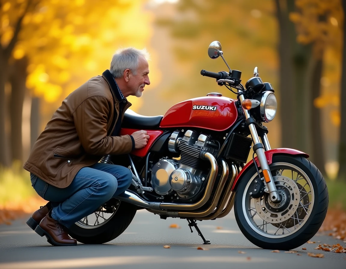 Passionné de motos vintage examinant une Suzuki GT750 rouge sur une route en automne, portrait éditorial d'un guide d'achat moto ancienne