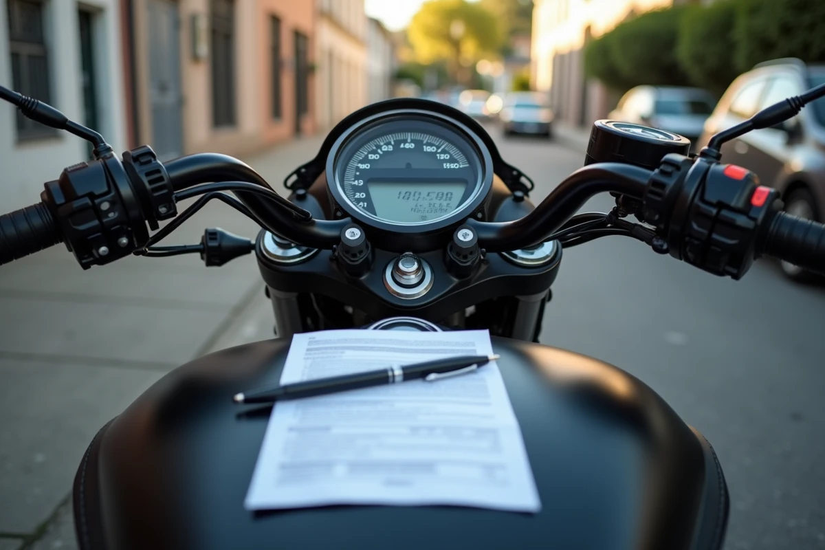 Tableau de bord d'une moto d'occasion avec documents de revente et rapport de contrôle technique