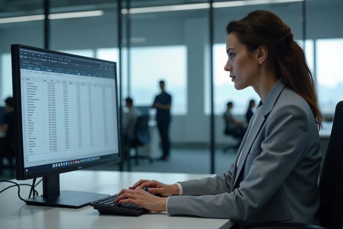 Femme consultant un tableau numérique de conversion de puissance moteur CV en kW sur un écran d'ordinateur au bureau