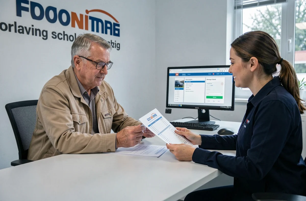 Homme adulte consultant le tarif d'une heure de conduite en remise à niveau dans une auto-école