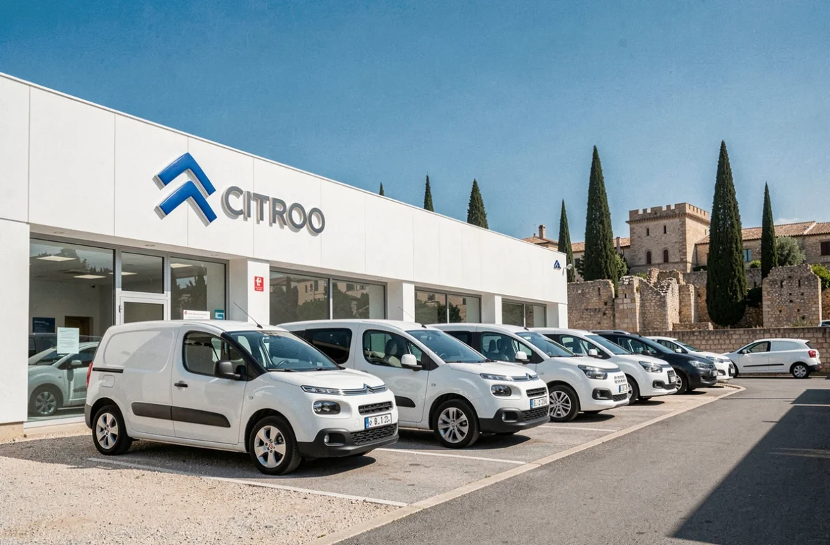 Concessionnaire Trébon-Auto Citroën à Arles avec des véhicules alignés devant la façade blanche emblématique de la marque
