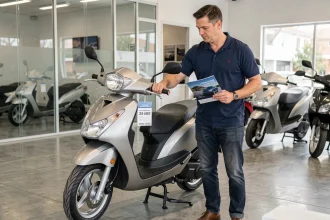Vendeur en concession Honda montrant le prix catalogue d'un scooter 125cc à un client potentiel