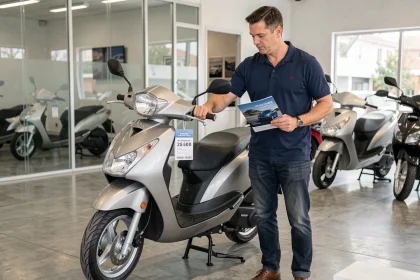 Vendeur en concession Honda montrant le prix catalogue d'un scooter 125cc à un client potentiel