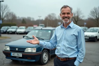Vendeur automobile présentant une Peugeot 306 d'occasion sur un parking de concession avec un sourire commercial