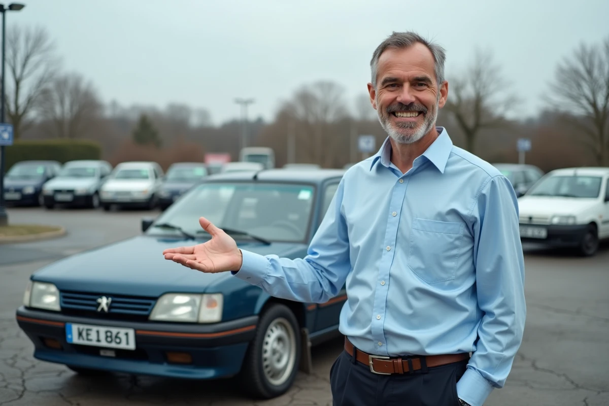 Vendeur automobile présentant une Peugeot 306 d'occasion sur un parking de concession avec un sourire commercial