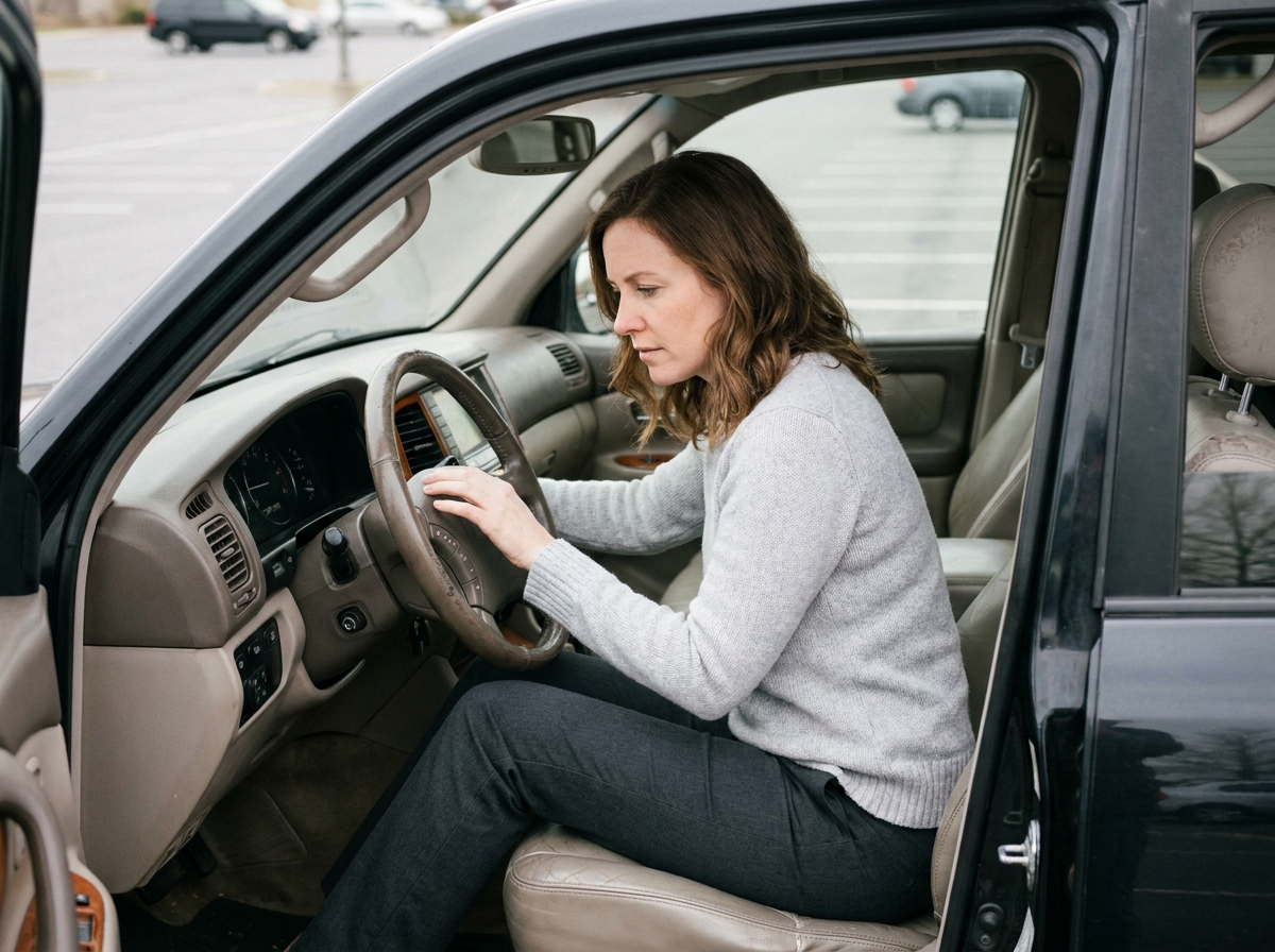 Femme vérifiant le tableau de bord et les commandes intérieures d'un SUV 7 places d'occasion