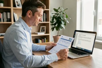Homme vérifiant un document officiel de permis de conduire imprimé avec un fichier PDF ouvert sur son ordinateur portable
