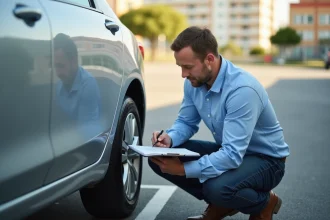 Homme inspectant les pneus d'une voiture avec une liste de vérification imprimée lors du contrôle du permis de conduire