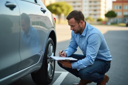 Homme inspectant les pneus d'une voiture avec une liste de vérification imprimée lors du contrôle du permis de conduire