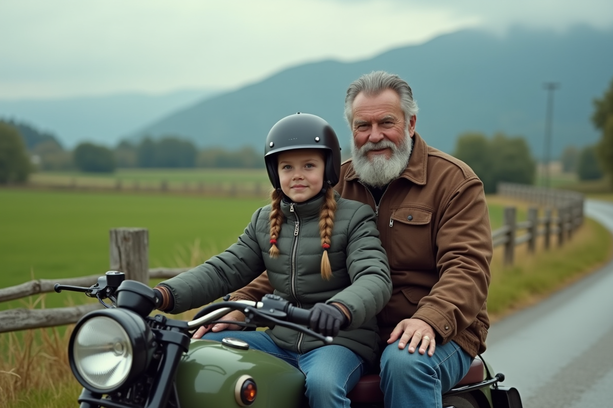 Homme âgé et jeune fille en moto en campagne