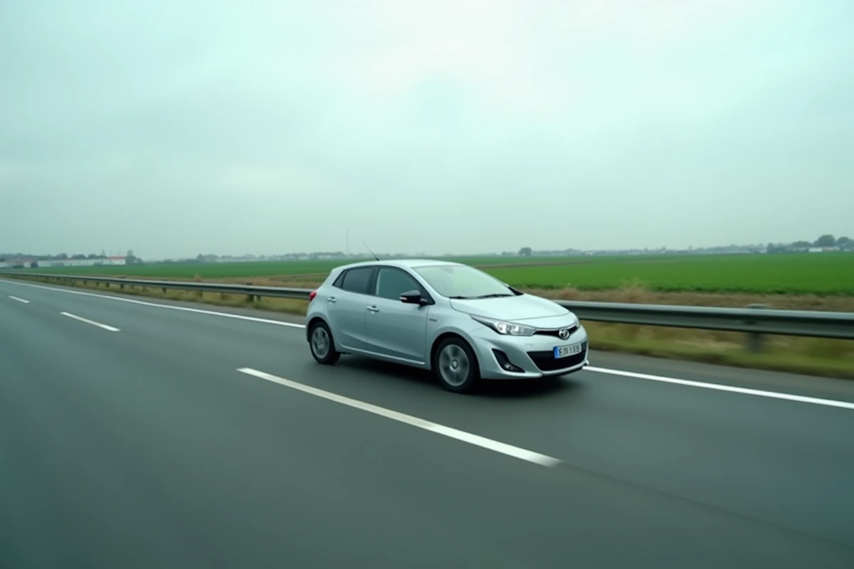 Voiture compacte roulant à 130 km/h sur une autoroute française entourée de champs, illustrant la consommation et le régime moteur en vitesse de croisière
