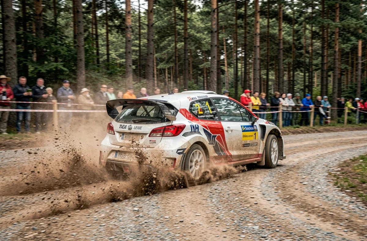 Voiture de rallye en pleine action sur une spéciale en forêt avec projection de graviers et spectateurs en arrière-plan