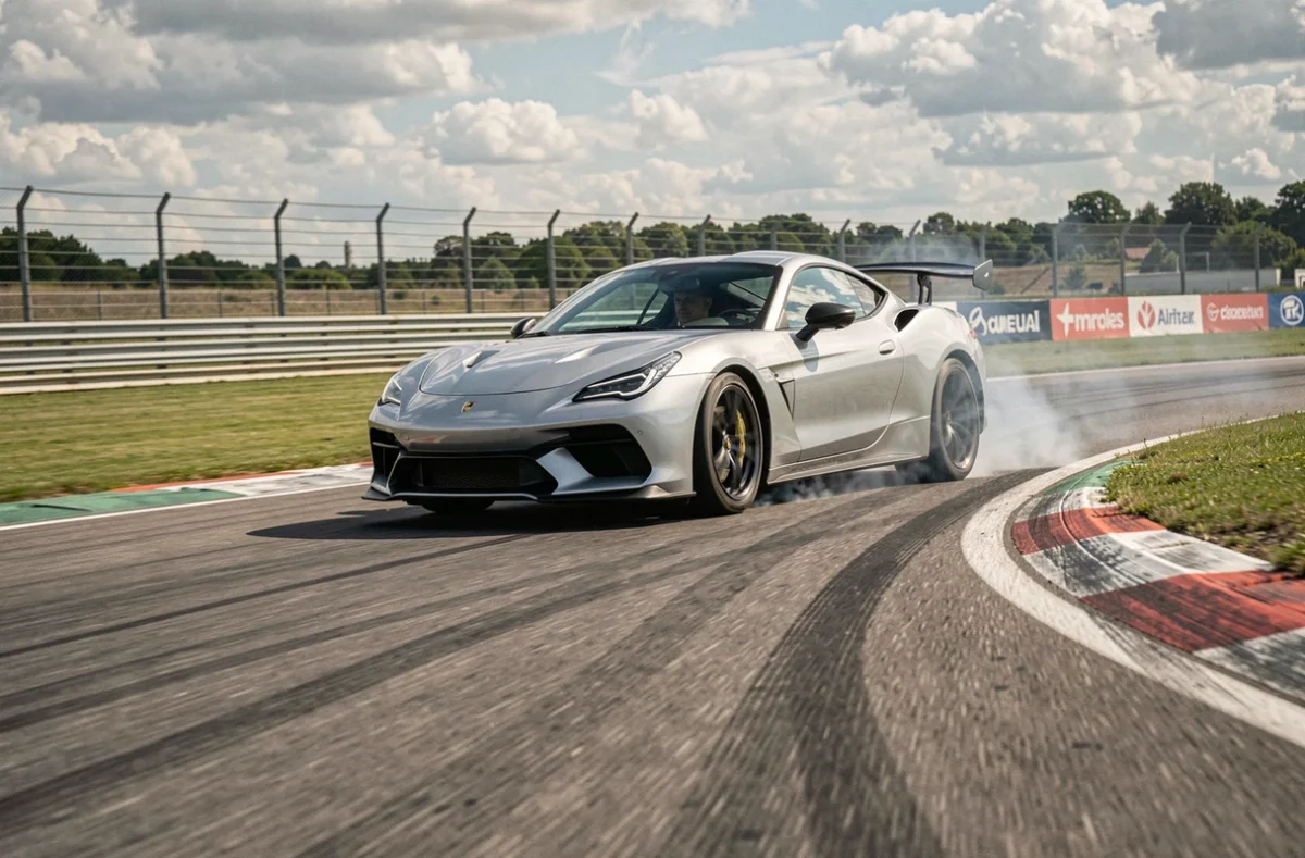 Voiture de sport en pleine accélération dans un virage sur un circuit de pilotage professionnel