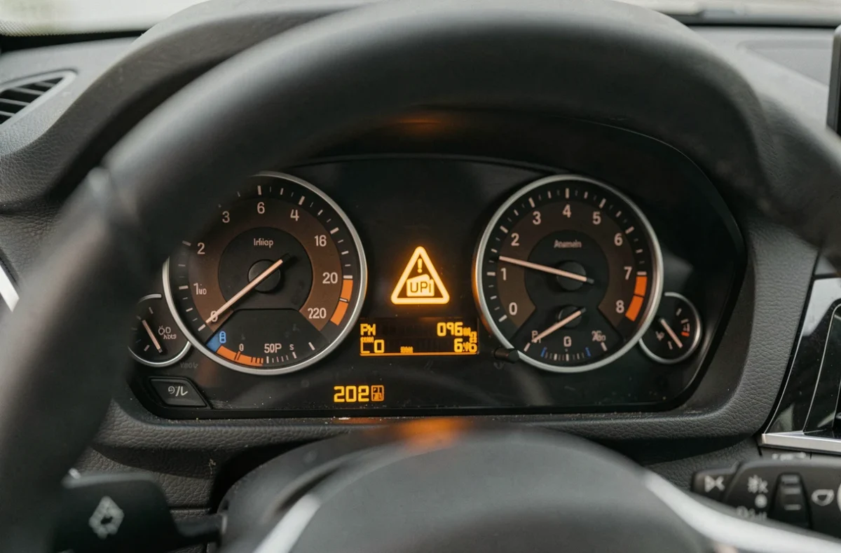 Voyant moteur allumé en orange sur le tableau de bord d'une BMW après une vidange d'huile