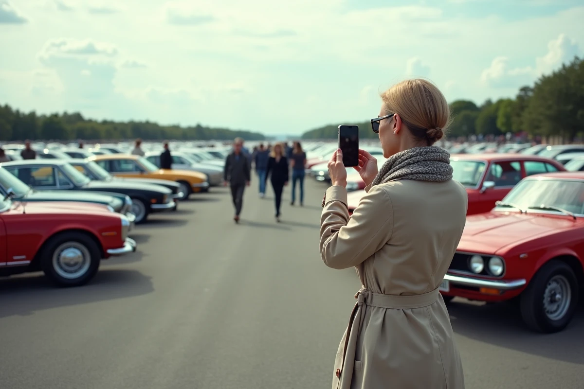 Vue d'ensemble d'un grand rassemblement automobile en plein air le week-end avec des dizaines de voitures et des visiteurs passionnés
